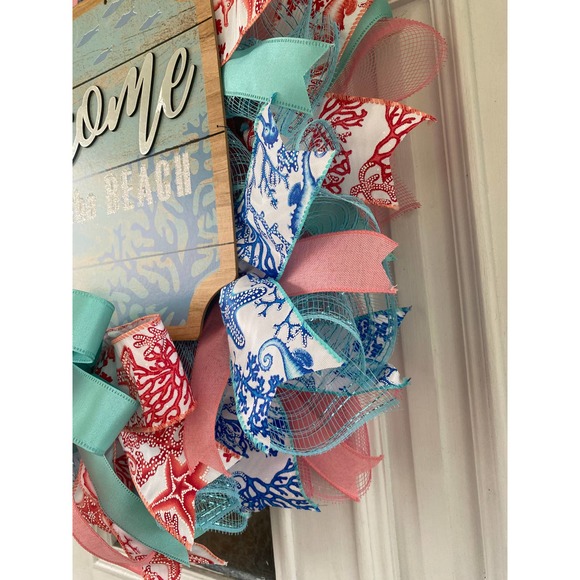 Welcome to the Beach Seahorse Deco Mesh Ribbon Wreath Door Hanger Home Decor - Picture 2 of 8